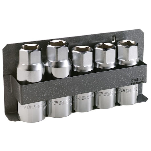 Facom 287B_JS5 photography of a set of chrome hex sockets arranged in a black holder, front angle on white background.