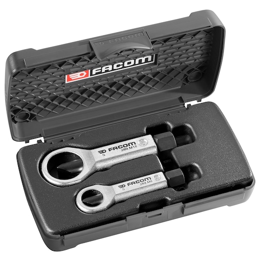 Facom 289J1 wrench set in hard black case, two silver wrenches with hex drives, top angle, photography