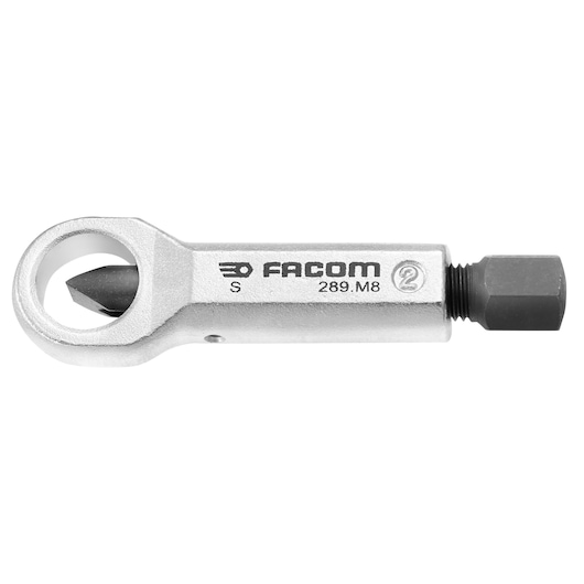 Facom 289_M8 silver pipe cutter tool, side angle, with black cutting blade, plain white background.