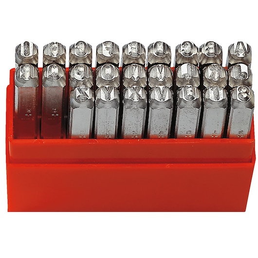 Facom 292A3 steel letter punch set with 27 pieces in a red holder, front angle on white background.