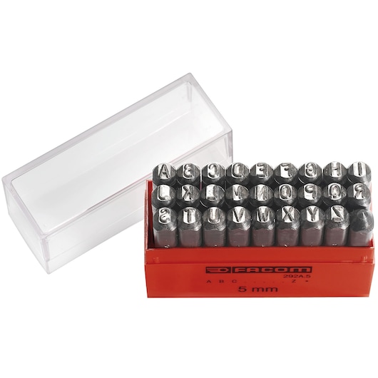 Facom 292A5 alphabet metal stamp set in red box with clear lid, product photo on white background.