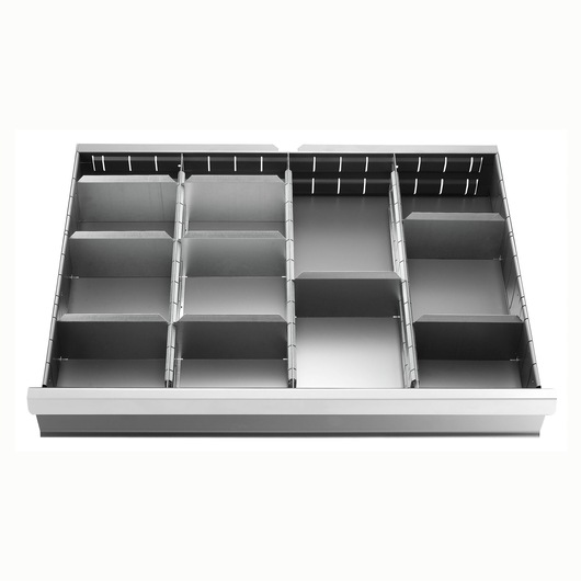 Facom 2930_C1 metal drawer organizer tray with multiple compartments, top angle, photography.