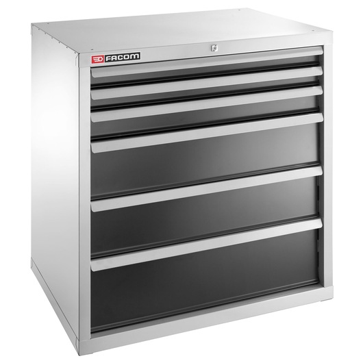 Facom 2936B black metal tool chest with five drawers, angled front view, white background.