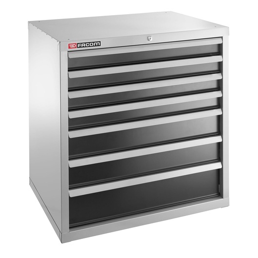 Facom 2937B tool chest with seven black drawers, silver frame, front angle, on white background.