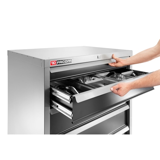 Facom 2937B tool cabinet photography, silver metal chest with open top drawer and visible hand tools, front angle.