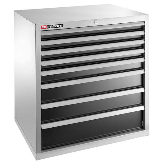 Facom 2938B metal tool chest with seven drawers, silver and black finish, front angle on white background.