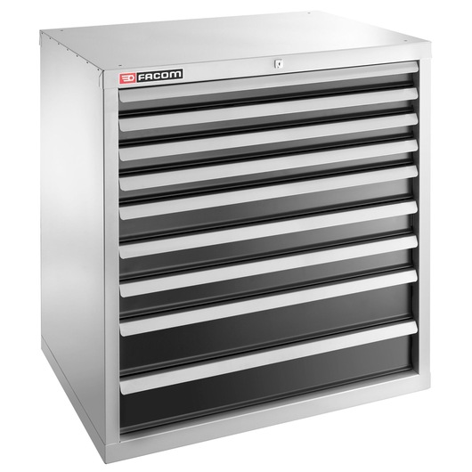 Facom 2939B steel tool chest with eight drawers, front angle on white background.