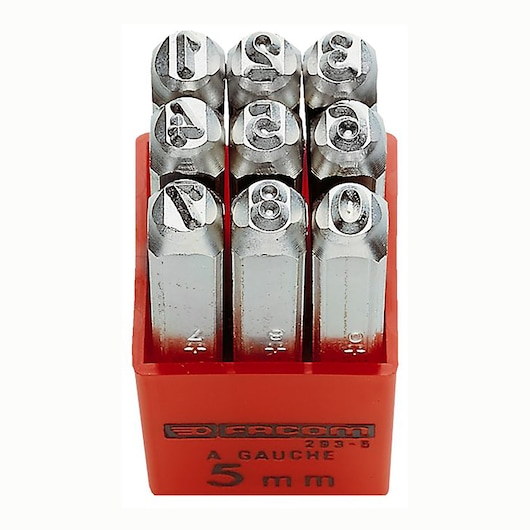 Facom 293A5 number punch set in red holder, 5mm size, front view on white background.