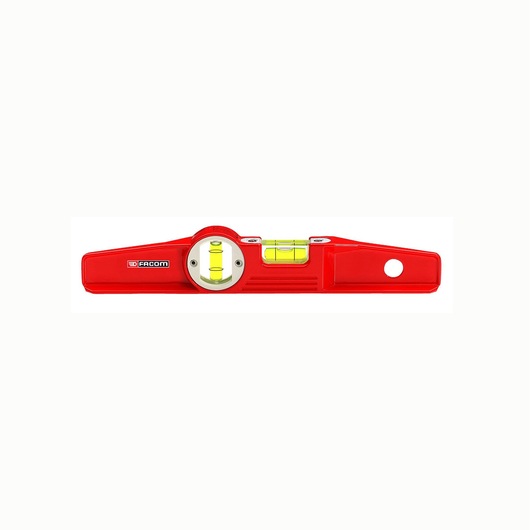 Photo of Facom 307BM_25 red spirit level with dual vials, front angle on white background.