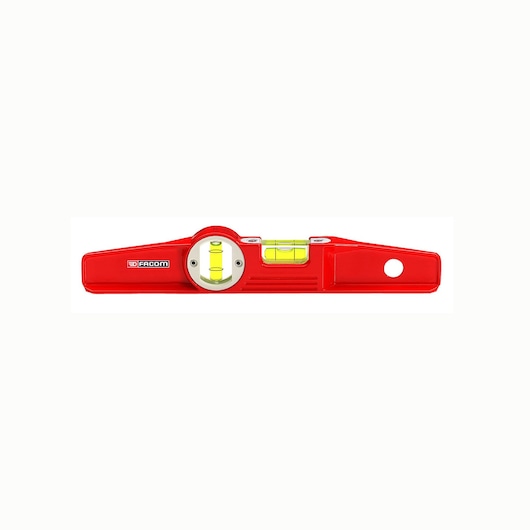 Facom red spirit level with two bubble vials, SKU 307BM_40, front angle, photography on white background.