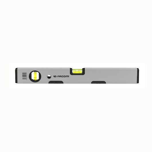 Photo of Facom spirit level 309BM_40, gray body with two bubble vials, side angle on white background.