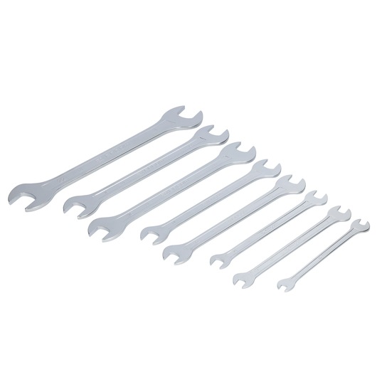 Facom 31_JE8T photography of eight silver open-end wrenches in assorted sizes, angled on white background.