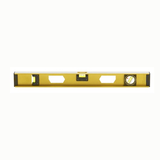Facom level tool, yellow aluminum body, with three vials and angle gauge, front view, 311B_60.