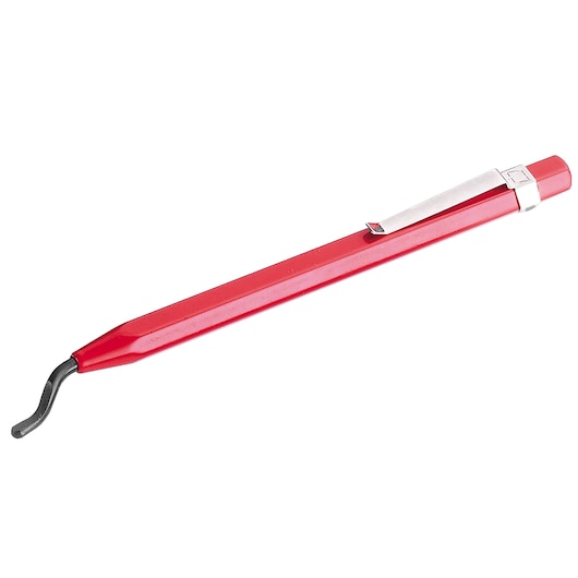 Facom 325.01 red deburring tool with curved black blade and metal clip, side angle on white background.