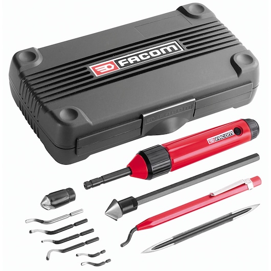 Facom 325 deburring tool set with black case, red handles, various blades, and accessories, top angle.