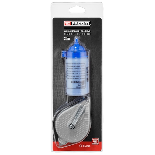 Facom chalk reel and plumb bob set 3289_30PB, 30m length, silver and blue, front packaging photo.