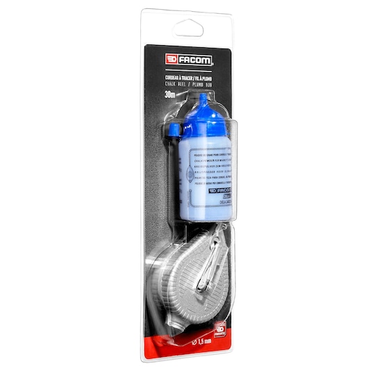 Facom 3289_30PB chalk reel set with blue chalk powder in blister packaging, angled view, product category Photography.