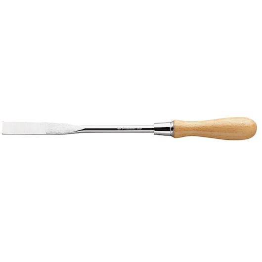Facom 329 wood handle chisel, straight blade, side view, white background.