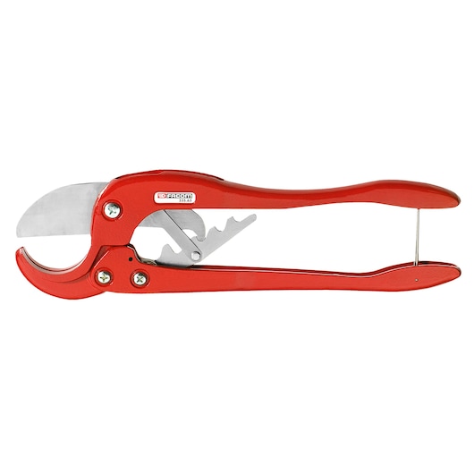 Photo of Facom 33563 red pipe cutter with metal blade, side view on white background.