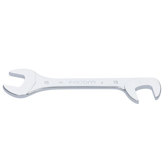 Photo of Facom 34_15 open-end wrench, silver chrome finish, front angle on white background.