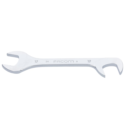 Facom 34_17 double open-end wrench, silver steel, product photography, side angle on white background.
