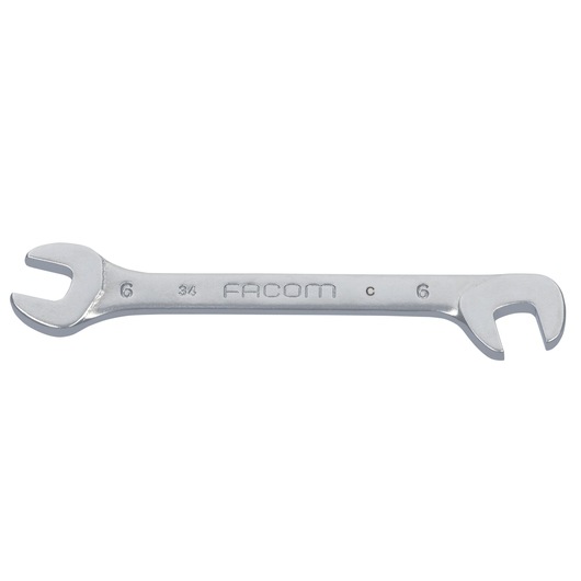 Facom 34_6 open-end wrench, silver, size 6 mm, tool photography, side angle on white background.