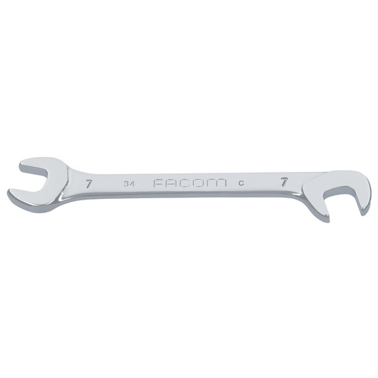Facom 34_7 open-end wrench, silver, double-ended, viewed from the top on a white background.