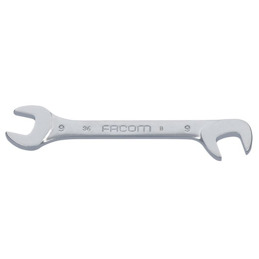 Facom 34_9 open-end wrench with dual jaws, chrome finish, top view on white background.