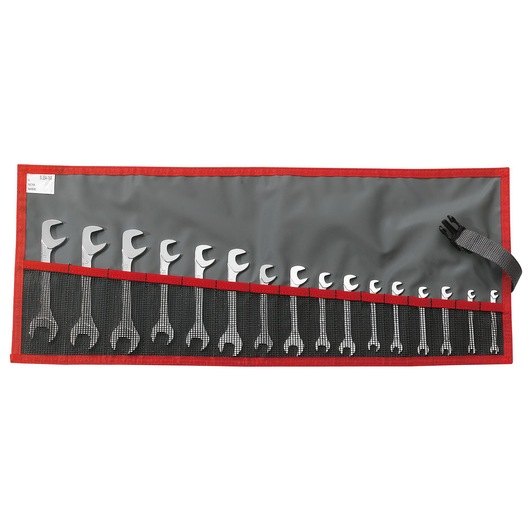 Facom 34_JL16T wrench set in a roll-up pouch, 16 pieces, top view on white background.