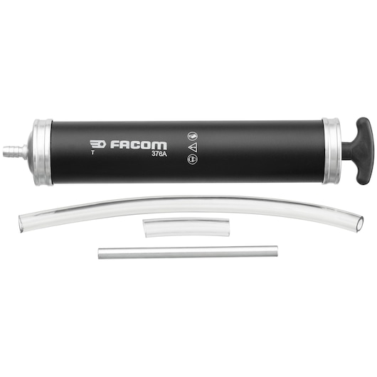 Facom 376A manual fluid extractor with black cylinder, clear hoses, and side view on white background.