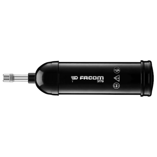 Facom 377B black torque screwdriver side view with silver bit, tool symbols and Facom logo visible.