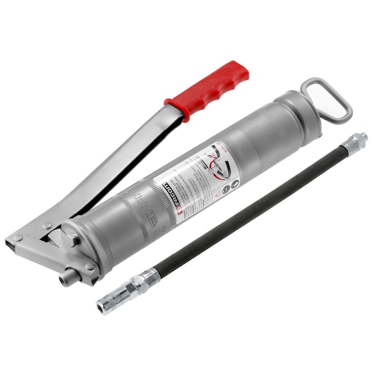 Facom 378A50 metal grease gun with red handle and flexible hose, side angle on white background