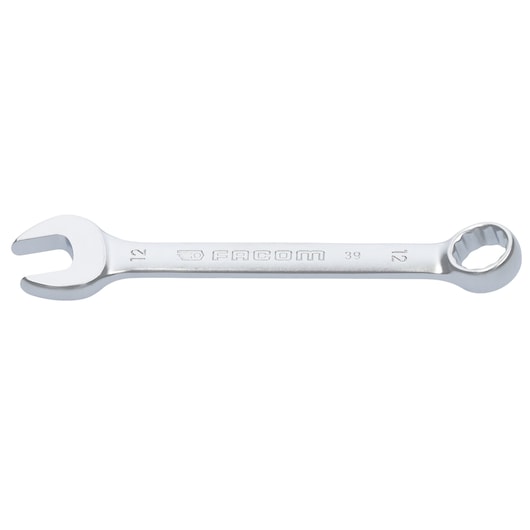 Facom 39_12 combination wrench, silver metal, flat lay, with open and ring ends, on white background.
