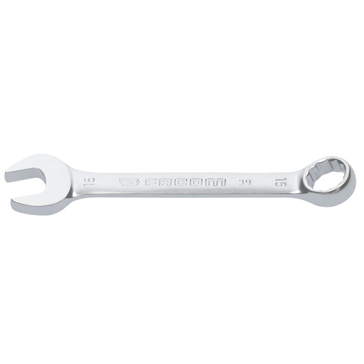 Facom 39_15 combination wrench, silver metal, box end and open end, side view on white background.