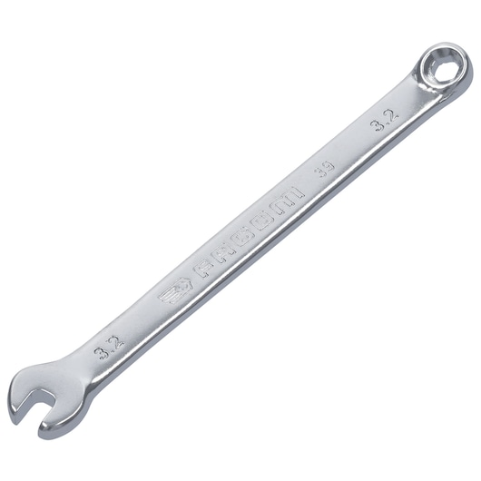 Facom 39_3_2H silver combination wrench with open and box ends, top angle, white background.
