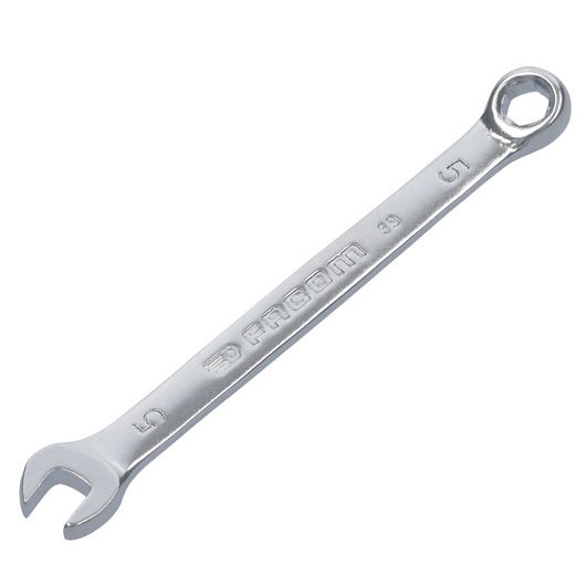 Facom 39_5H combination spanner, silver, open and ring ends, top view on white background.