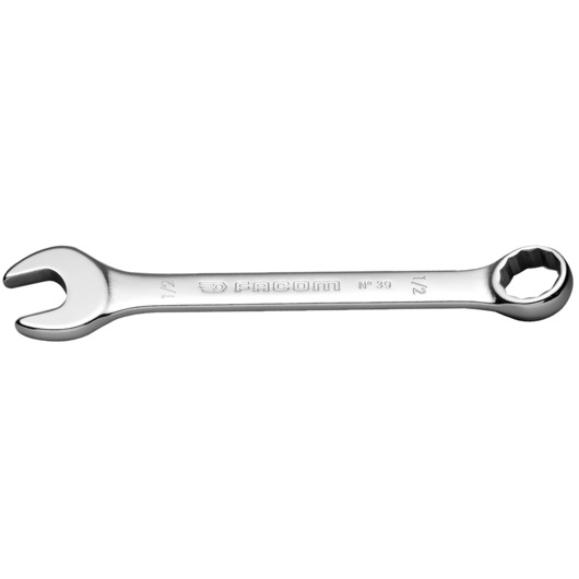 Facom 39_9_16 combination wrench, chrome finish, open and box end, side angle on white background.