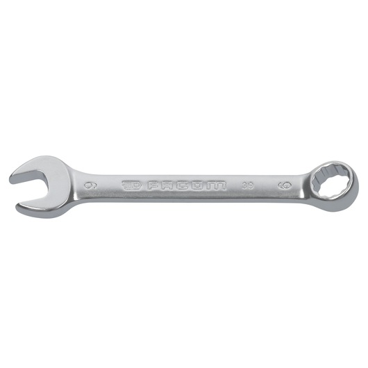 Photo of Facom 39_9 combination wrench with open and box end, silver finish, top view on white background.
