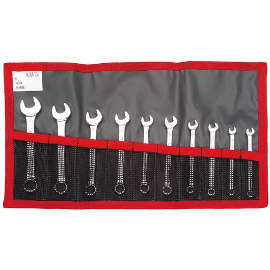 Facom 10-piece combination wrench set in a black and red roll-up pouch, SKU 39_JE10T, front view.