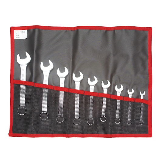Facom 39_JE9T combination wrench set in a black roll-up pouch with nine wrenches, top view, white background.