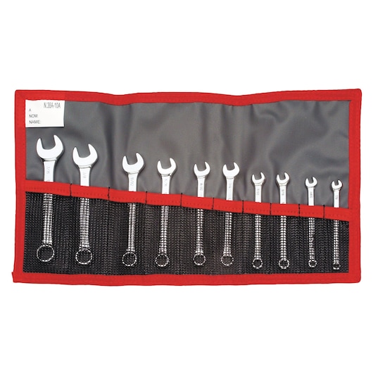 Facom 39_JU10T combination wrench set in a black and red roll-up pouch, top-down view.