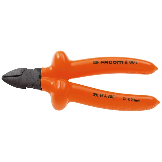 Facom 391_16AVSE insulated diagonal cutting pliers with orange handles, side view, photography.