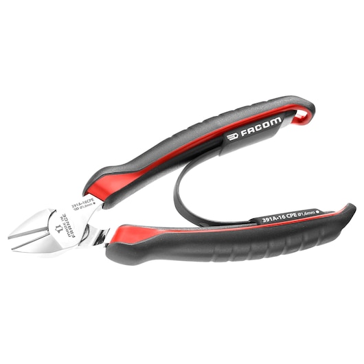 Facom 391A_14CPE diagonal cutting pliers with black and red ergonomic handles, side view, white background.