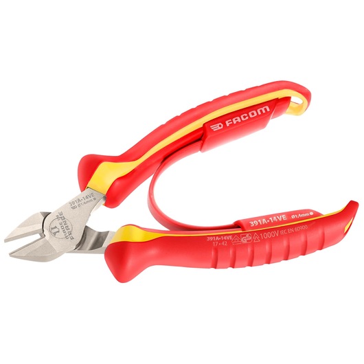 Facom 391A14VE insulated diagonal cutting pliers, red and yellow handles, side angle, white background.