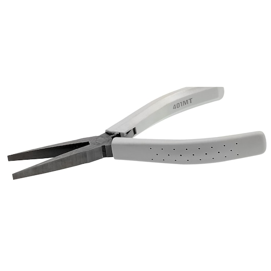 Facom 401_MT grey-handled long nose pliers, side angle on white background.