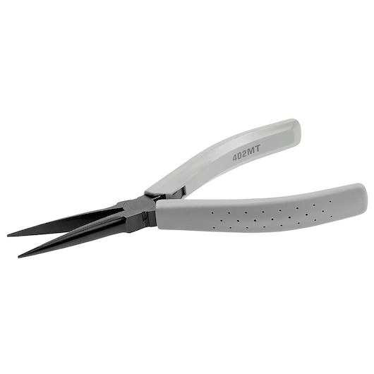 Facom 402_MT long nose pliers with black jaws and grey ergonomic handles, angled right, white background.