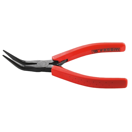 Facom 403 angled long nose pliers with red handles, side view, white background.