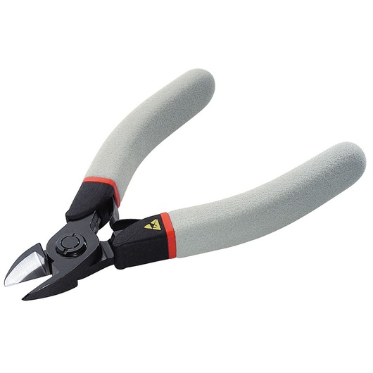 Facom 405_12E side cutting pliers with soft gray handles, angled on white background.