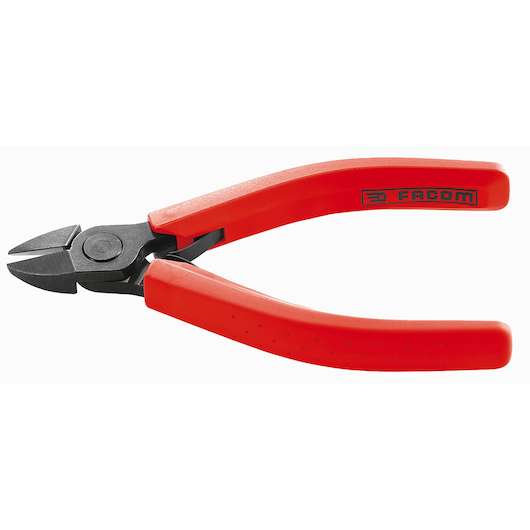 Facom 405_12 diagonal cutting pliers with red handles, side angle, on white background.