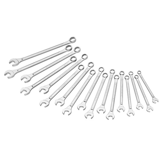 Facom 40LA_JE17 set of 17 chrome combination wrenches arranged on white background, side angle.